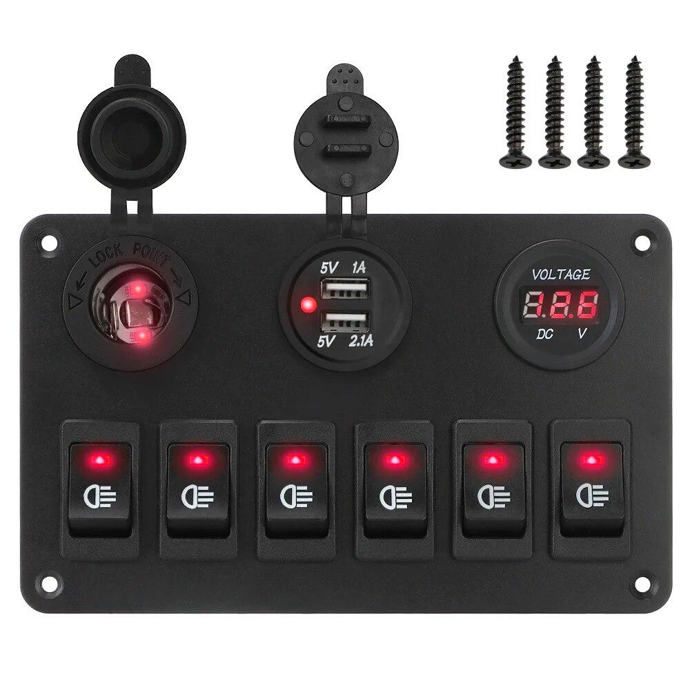 12V 6 Button Switch Panel USB Chargers Car Light Toggle 24V Truck Power Adapter Accessories For Marine Boat Trailer RV Caravan