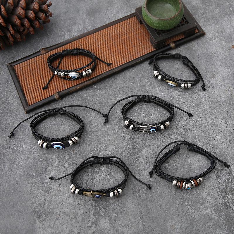 Unisex Cross-Border Personality Bracelet Set: Adjustable Alloy, Woven Waxed Cord, Leather Bangles with Eye Design