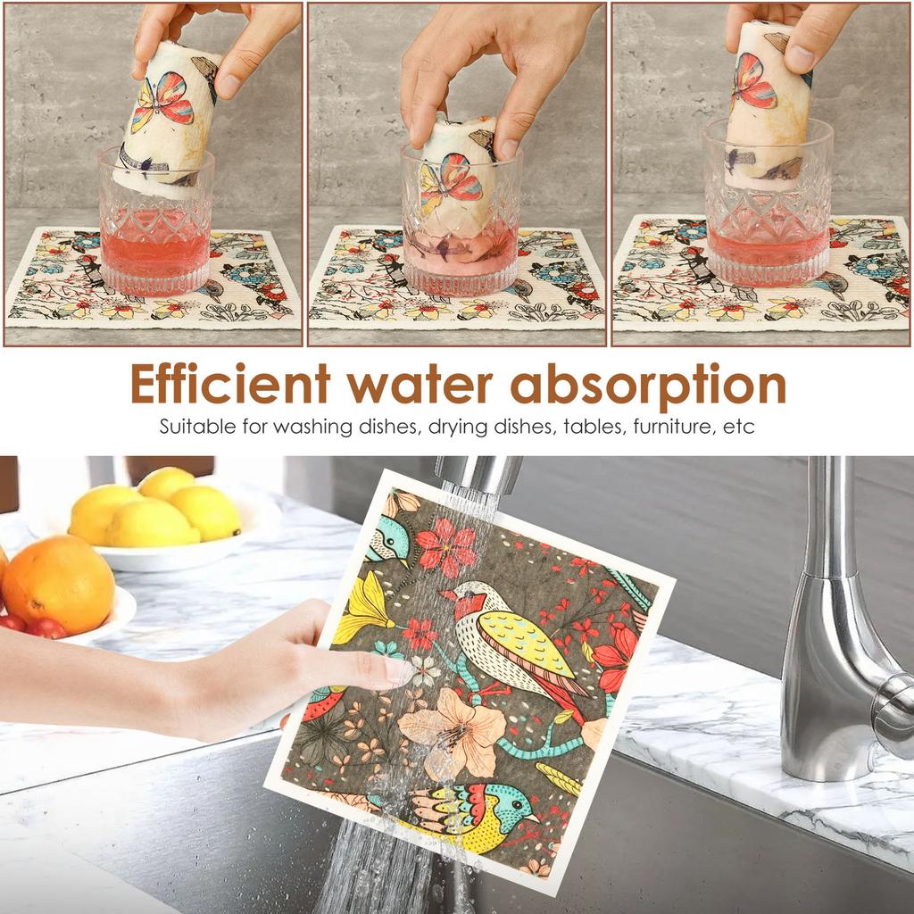5/6/12 Stück Küchen-Geschirrtuch Haushalt Antihaft-Geschirrtücher Zellulose-Baumwolle Schnelltrocknend Pflanzen-Tier-Muster Schüsselreinigungs-Tuch