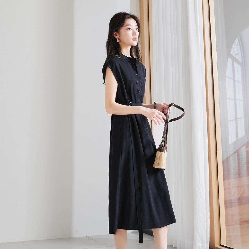 Round neck half open collar lace up shirt dress for 2026 summer simple commuting versatile slimming mid length dress