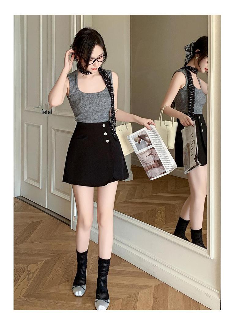 Women's High-Waisted Gray A-Line Skirt Shorts - Spring 2025 Casual Wide-Leg Design