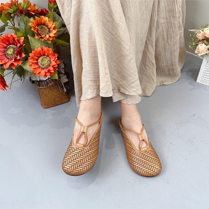 Johnature Genuine Leather Round Toe Slippers Women's Slip-on Shoes Casual Soft Sole Outside Slides