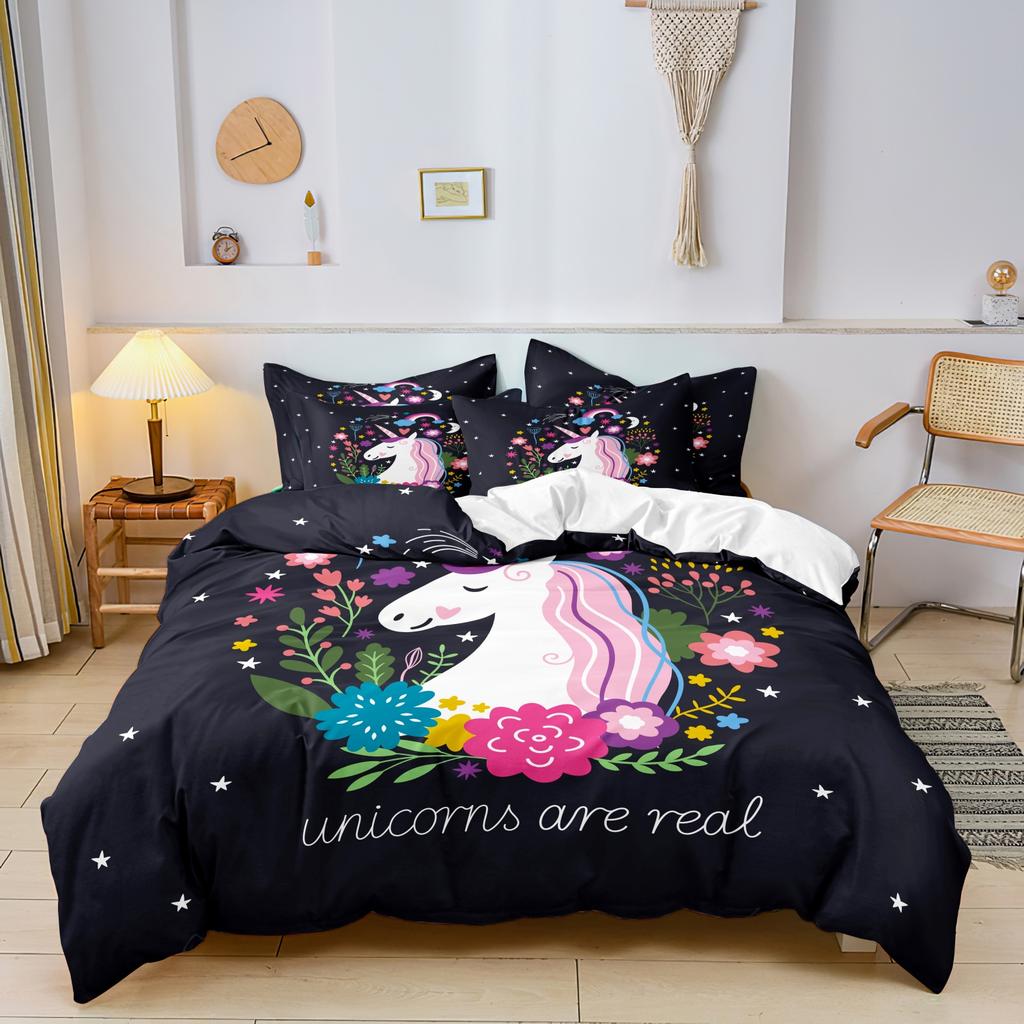 3 Pieces Dark Starry Unicorn Duvet Cover Bedding Set, Ultra Soft Breathable Microfiber Bedding, Ideal Whimsical Decor Gift