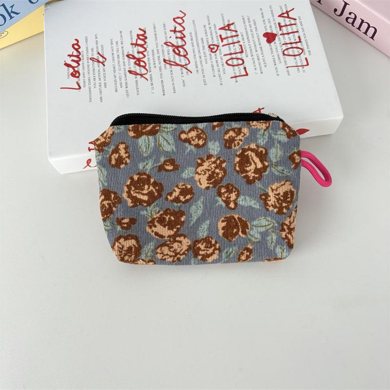 New Corduroy Floral Coin Wallet Women Portable Lipstick Makeup Bag Children's Cute Coin Purse Small Wallet Large Capacity ID Bag