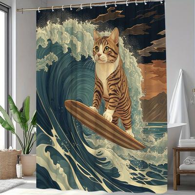 1Pc Cat Surfboard Shower Curtain - Retro Fun Cartoon Animal Print With 12 Hooks, Washable Polyester Bathroom Decor