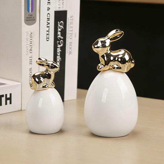 Easter Bunny Figurine Modern Ceramic Gold Rabbit On Egg Ornament for Spring Farmhouse Home Office Fireplace Tabletop Centerpiece