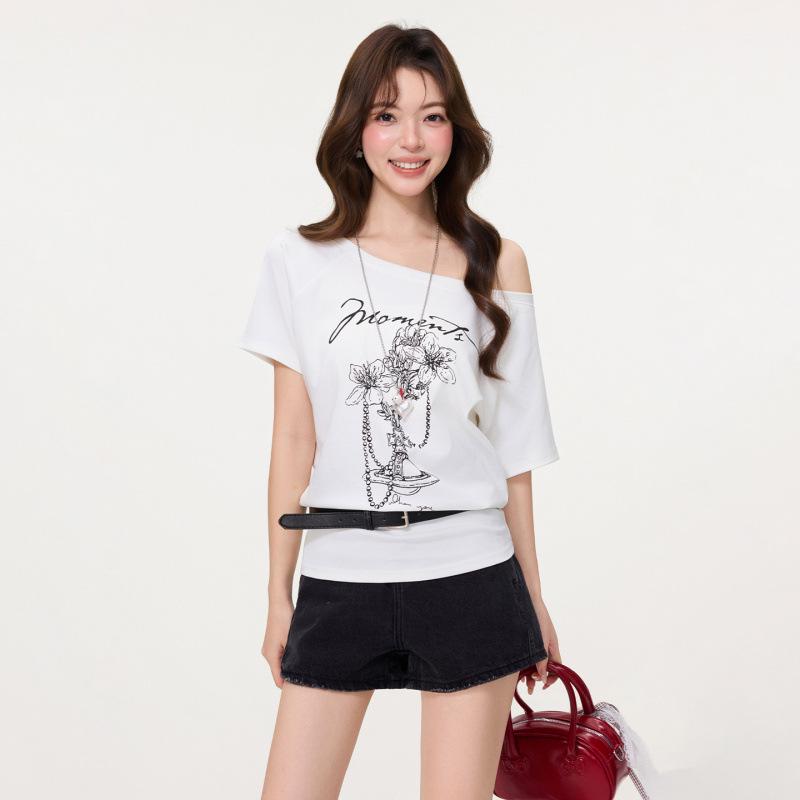 New Arrival: Women s Sweet & Spicy One-Shoulder Printed T-Shirt - White, Short-Sleeved, Versatile, and Perfect for Spring! XL кремовый/белый