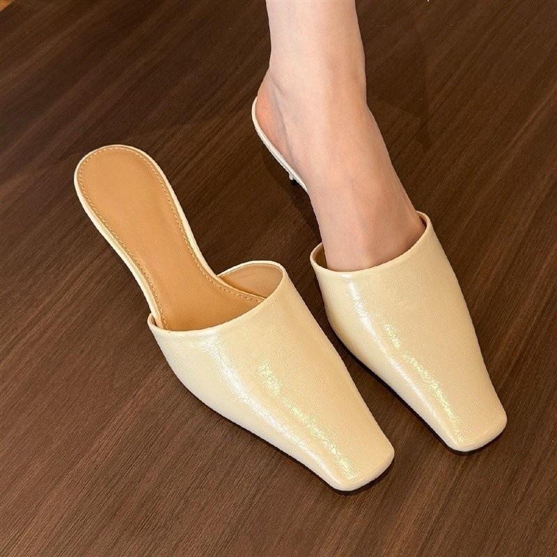 Cream French Square Head Half Slippers Women's Outwear 2025 Spring Muller Stilettos