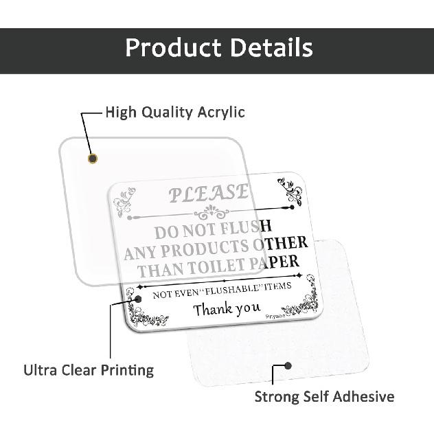 4 PCS Do Not Flush Any Products Other Than Toilet Paper Sign, 5” X 4” Thick Acrylic Self-Adhesive Sign, Ideal for Restaurants, Bars, Hotels, and