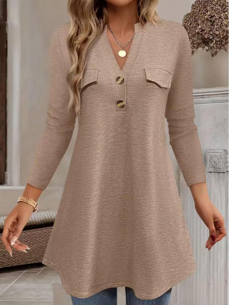 Women's V-Neck Button-Up Long Sleeve Top for Fall/Winter