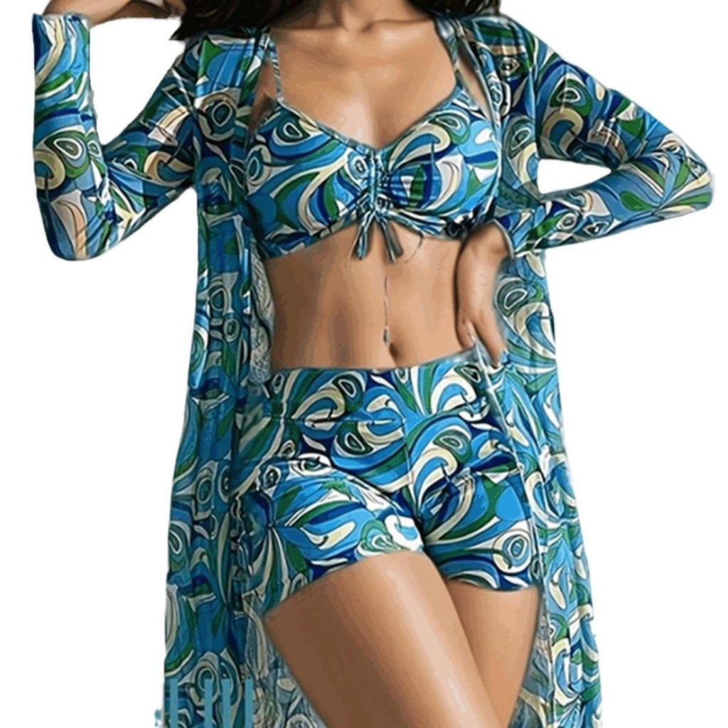 European & American Colorful Sheer Three-Piece Swimsuit Cover-Up Set with Sun Protection