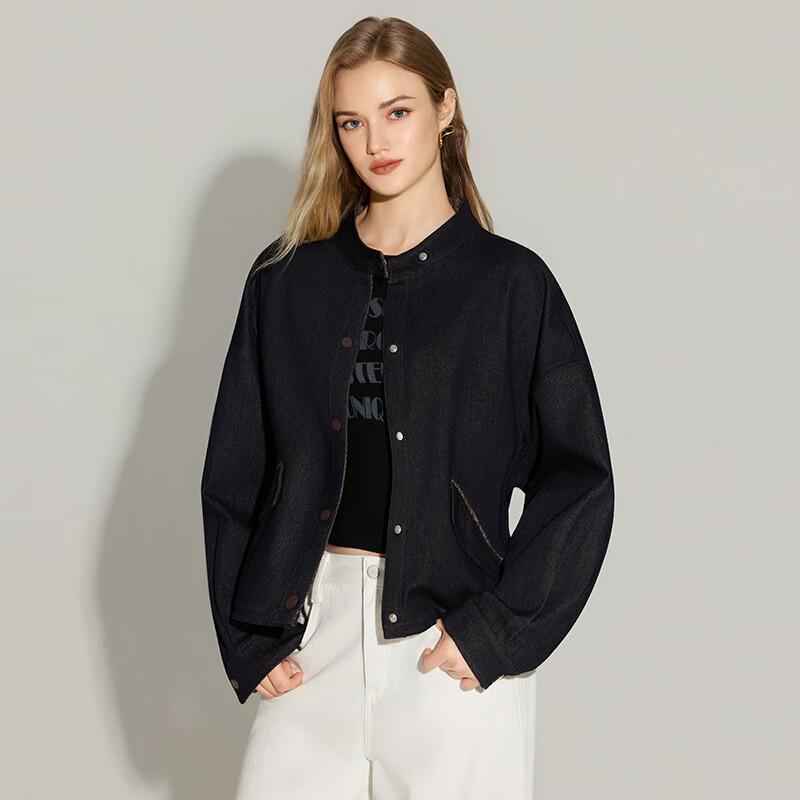 TaTu Women's Loose Fit Stand-Collar Denim Jacket