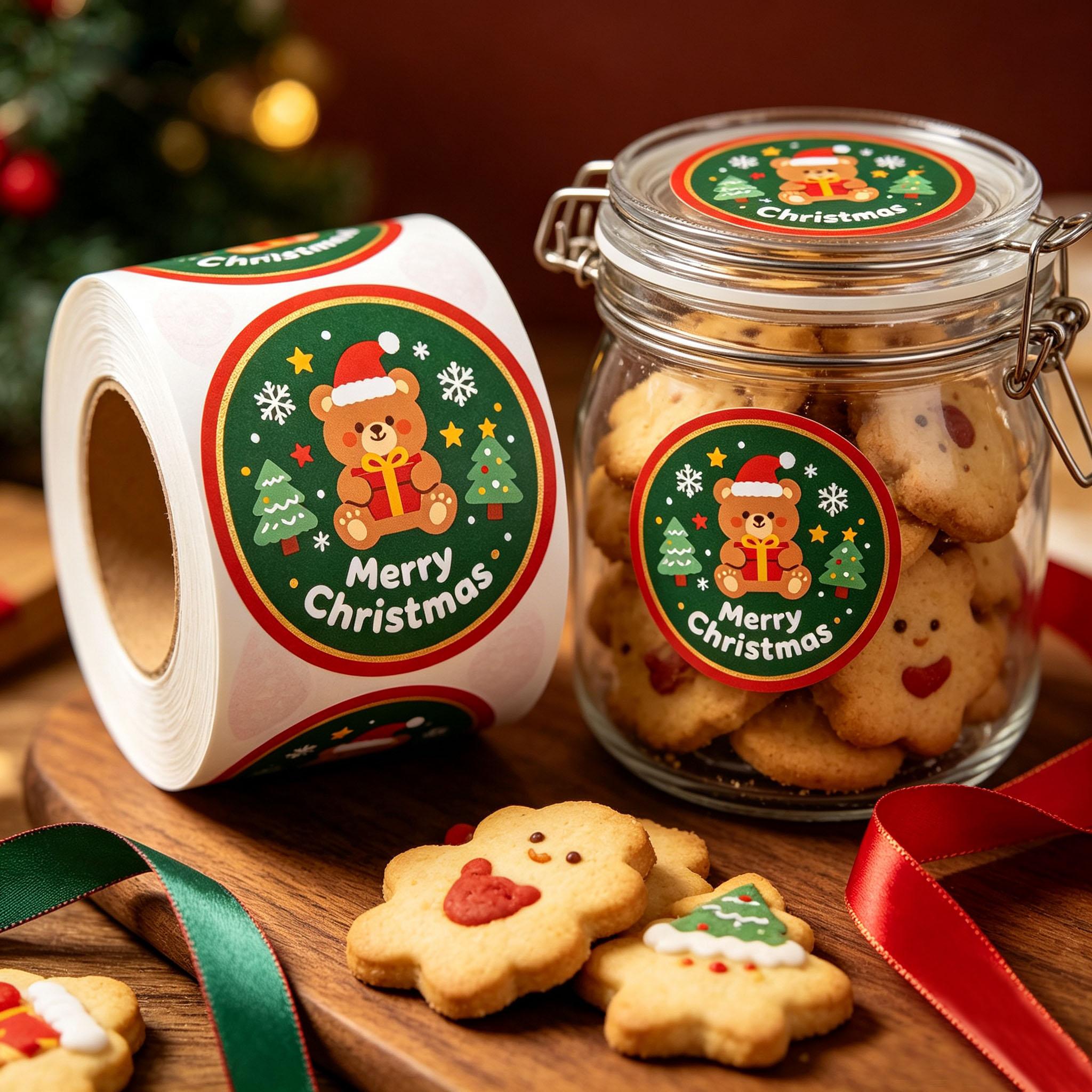 Cute Christmas Bear Adhesive Stickers Custom Shape Round Gold Foil Eco-Friendly Holiday Seals for Gift & Treat Bag Decor 500pcs/roll&50*50mm