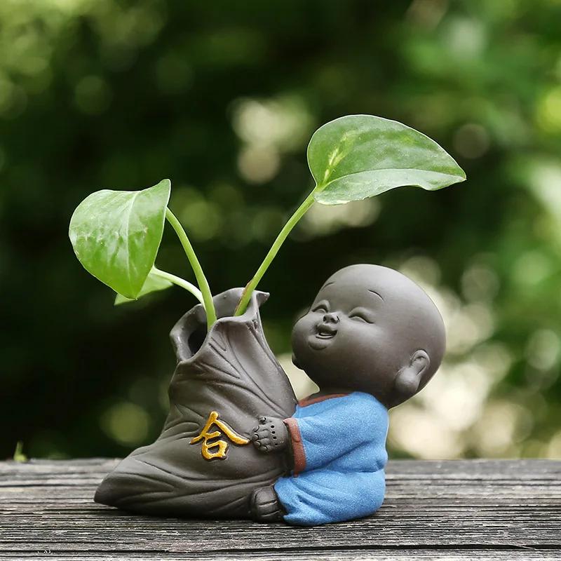 Glück Glück Niedlich Der Kleine Mönch Lila Ton Tee Haustier Wohnkultur Mini Wasser Pflanzen Blumenvase