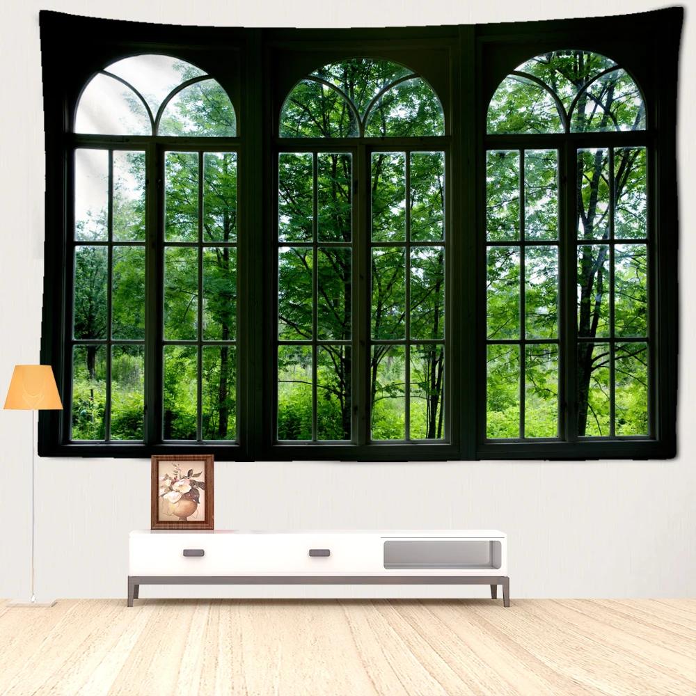 Bogenfenster Wald Wandteppich Wandbehang Imitiertes Fenster Kunststil Moderne Schlichtheit Wohnzimmer Schlafzimmer Heimdekoration