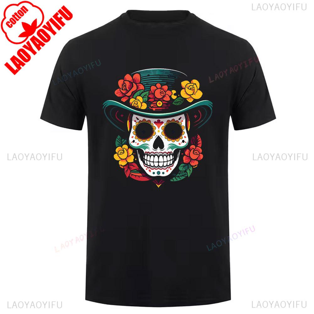 Mexican Skull Pattern Cotton Summer Tee Unisex Short Sleeve Round Neck Retro Style Graphic Shortsleeved Launched Casual Tshirt