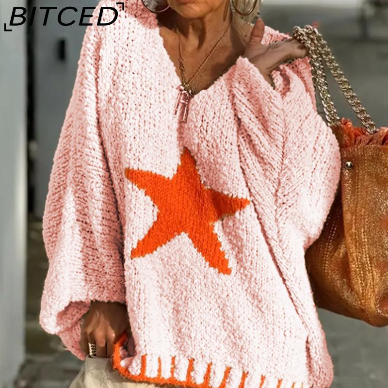 

BITCED Женский свитер с узором осенней звезды, повседневный, оверсайз, кружевной вязки, с V-образным вырезом XL розовый