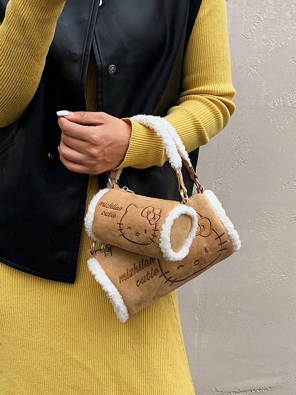 Niedliche Plüsch-Kätzchen-Handtasche für Kinder - Retro Runde Umhängetasche für Herbst/Winter