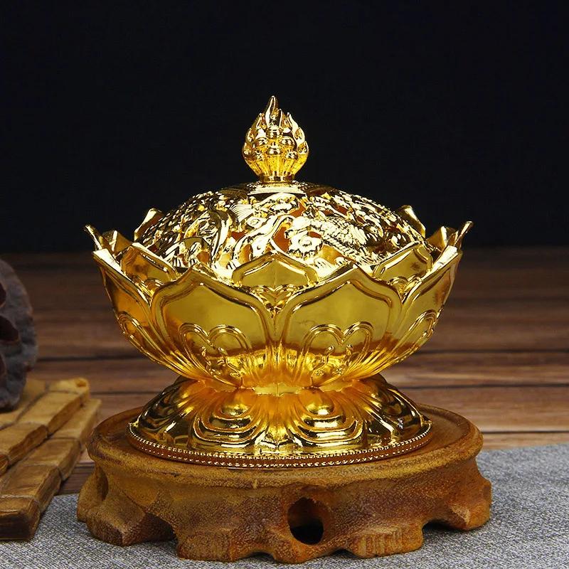 Chinese Alloy Buddha Incense Burner Lotus Flower Incense Holder Censer for Buddhist Home Office Decoration Indoor Ornaments Gift