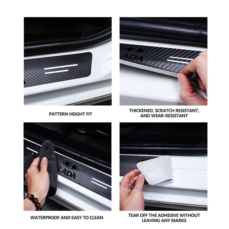 Car Logo Carbon Fiber Leather Door Sill Anti-Scratch Decorative Sticker Accessories For Lada Xray Granta Largus Kalina Largus