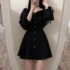 Spring and Autumn Sexy Shoulder Dress Women's New Small Man Foreign Style Medium Long Skinny Long Sleeve Small Black Dress
