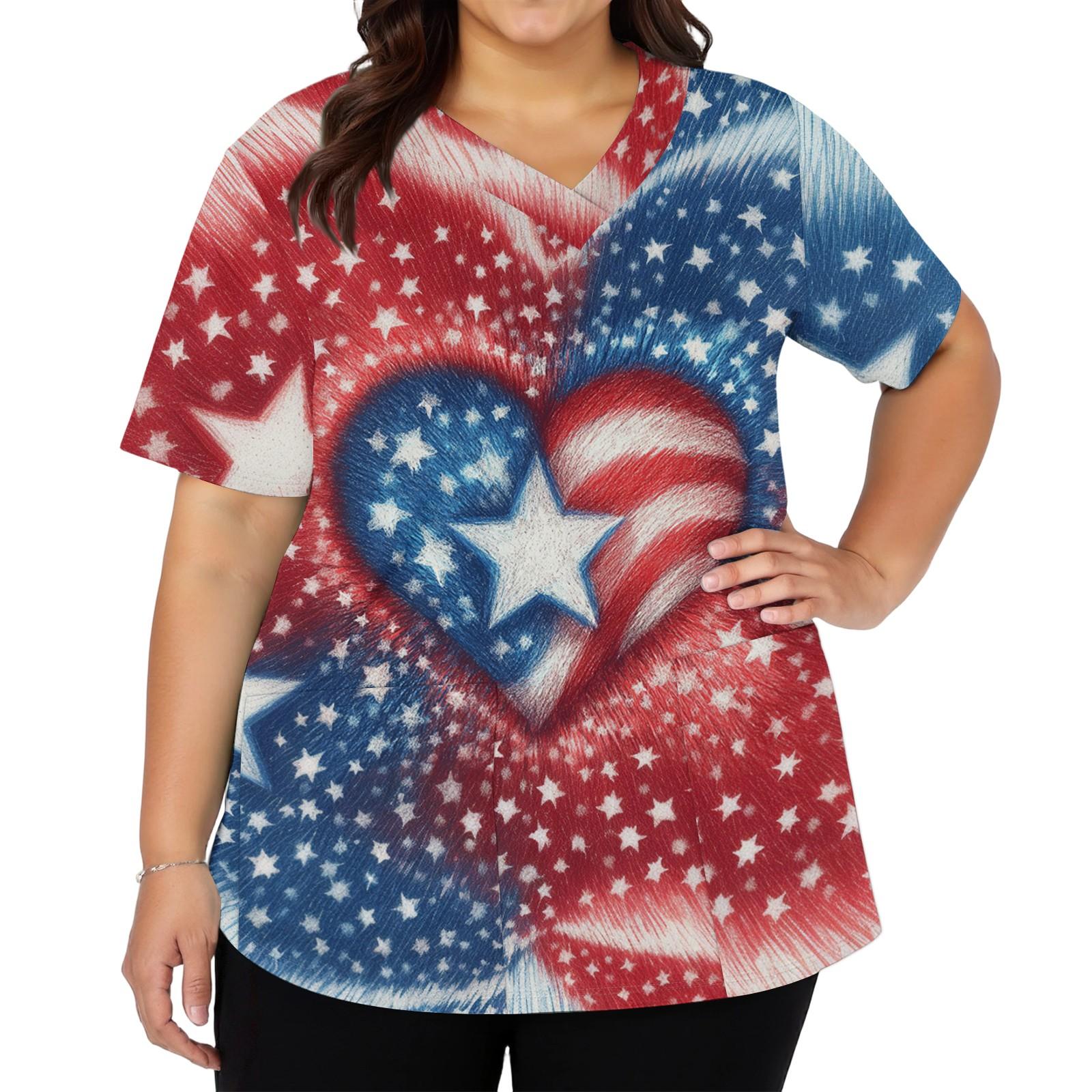 

Women s Fashionable Casual Independence Day American Flag And Stars Print V-neck Short-Sleeved Work Shirt With Double Side Slits And Pockets XL білий