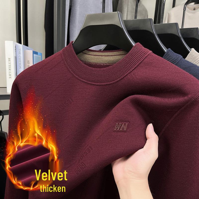 

Men s Wool Knit Sweater with Fleece Lining - Thickened, Round Neck, Loose Casual Style, Warm Layer XL (Suggested 135-150) червоний
