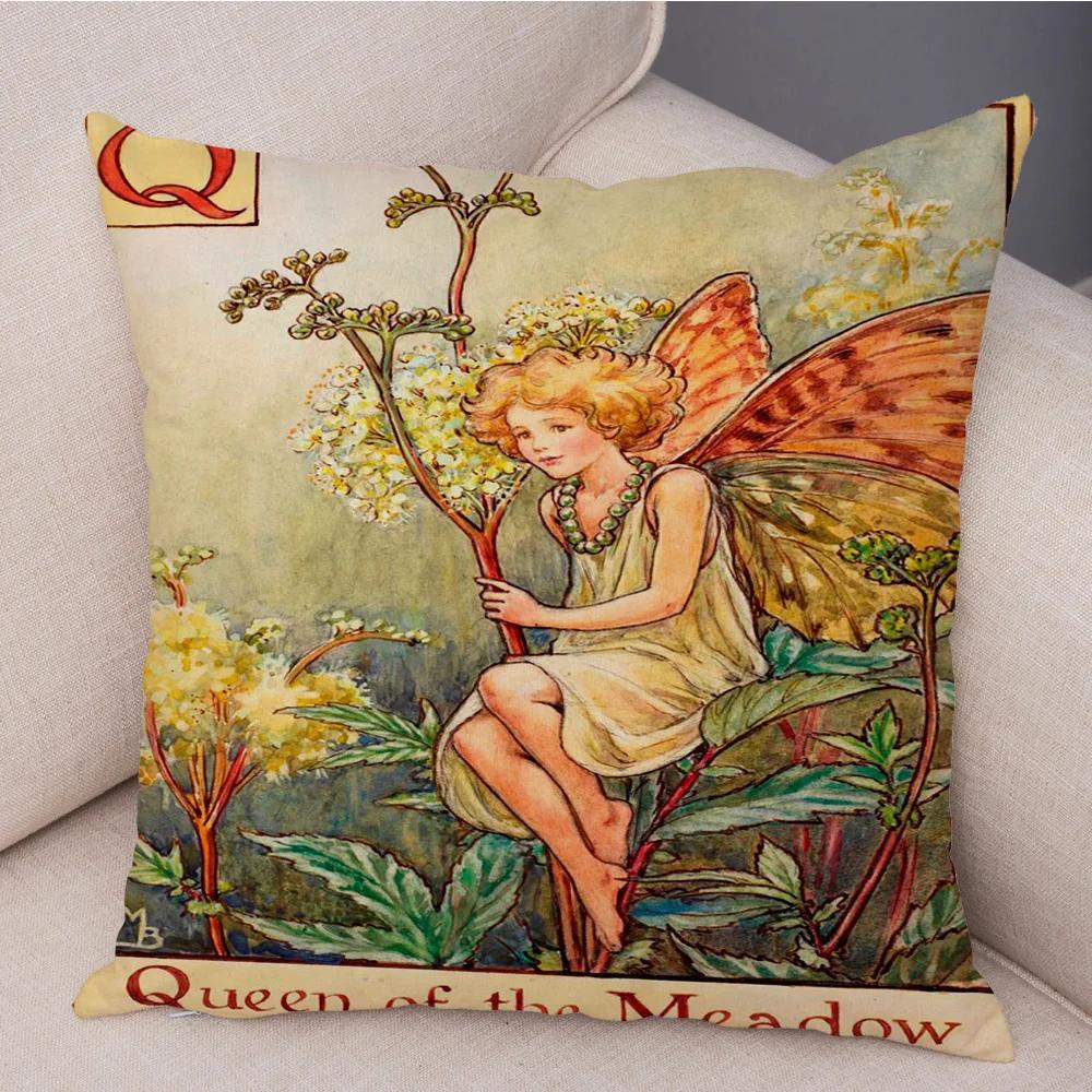 Vintage Floral Girl Pillowcase Decor Cute Cartoon Flower Elf Fairy Tale for Sofa Home Pillow Case Soft Plush Cushion Cover