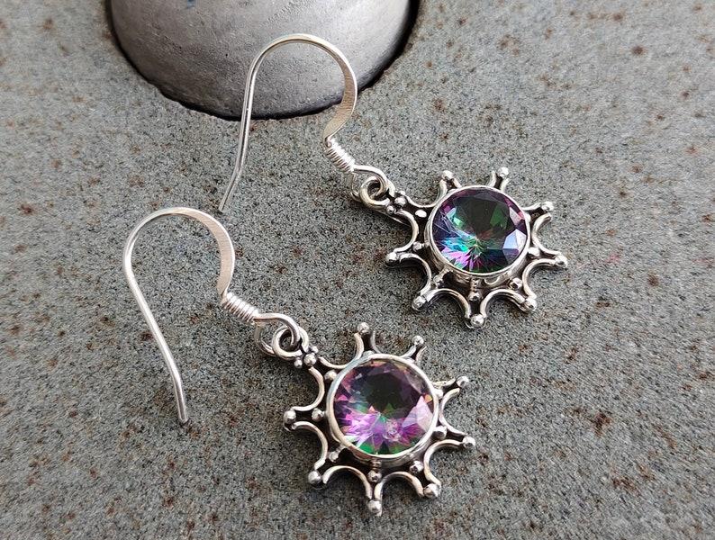 Mystic Topaz Gemstone Women Dangle Earring, Solid 925 Sterling Silver Birthstone Gift Round Shape Earring