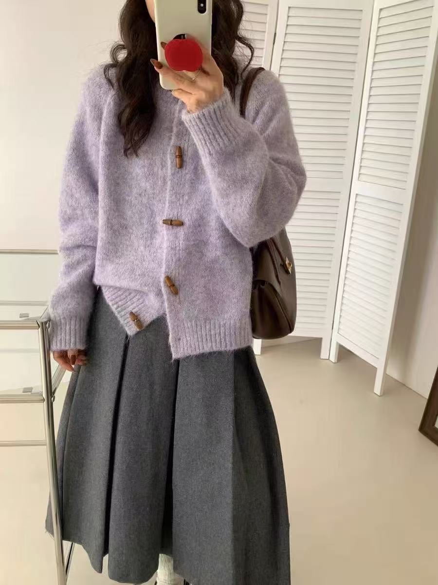 

Осень и зима свободный кардиган с вязаным свитером с круглым вырезом и роговыми пуговицами, новая плюшевая вязаная куртка-свитер женская average size