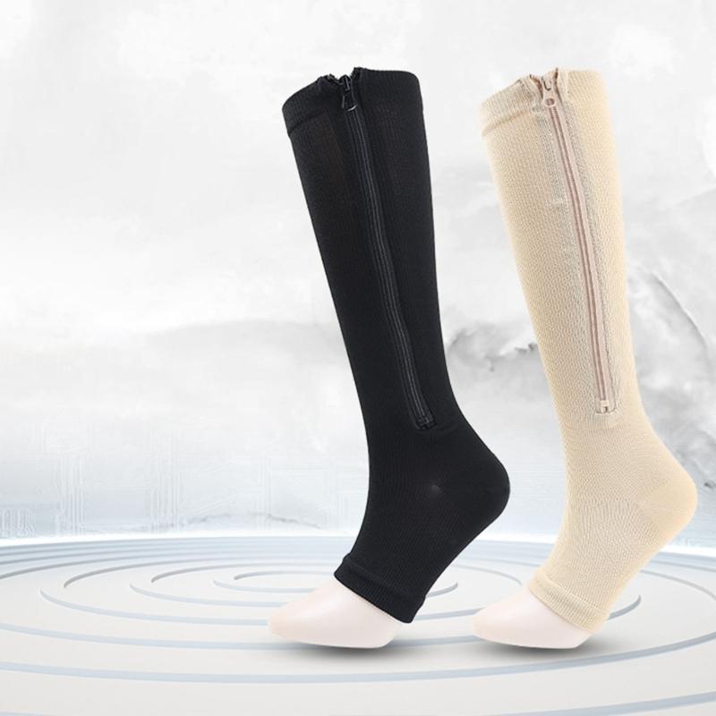 Zipper Compression Socks for Women and Men Over the Calf Knee High 15-20mmHg Open Toe Compression Stockings for Walking