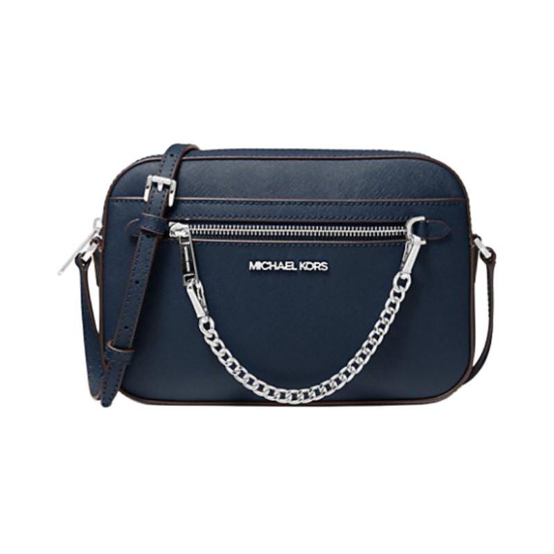 MICHAEL KORS Jet Set Metal Logo Zip Closure Saffiano Leather Shoulder Crossbody Bag Large Women s Navy синий