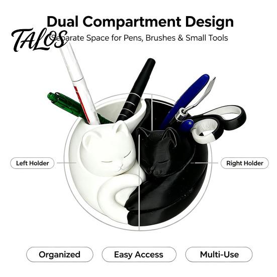 Desktop Stationery Organizer 3D Printed Cat Pen Holder, Cute Sleeping Kitty Organizer, 2-in-1 Multifunctional Storage Box for Makeup Brushes