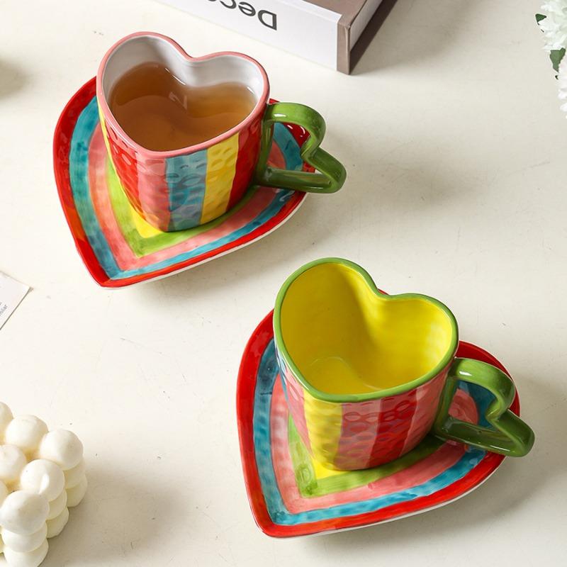 Hand-Painted Rainbow Striped Coffee Cup and Saucer Ceramic Heart-Shaped Mug for Afternoon Tea Flower Tea Home Breakfast Milk Mug