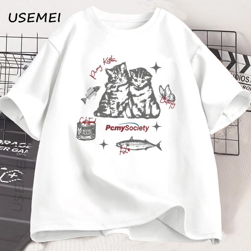 Funny Vintage Cat Fish Graphic T Shirt Harajuku Cotton Short Sleeve Loose Tshirt Summer Unisex Unisex High Quality O Neck Clothes