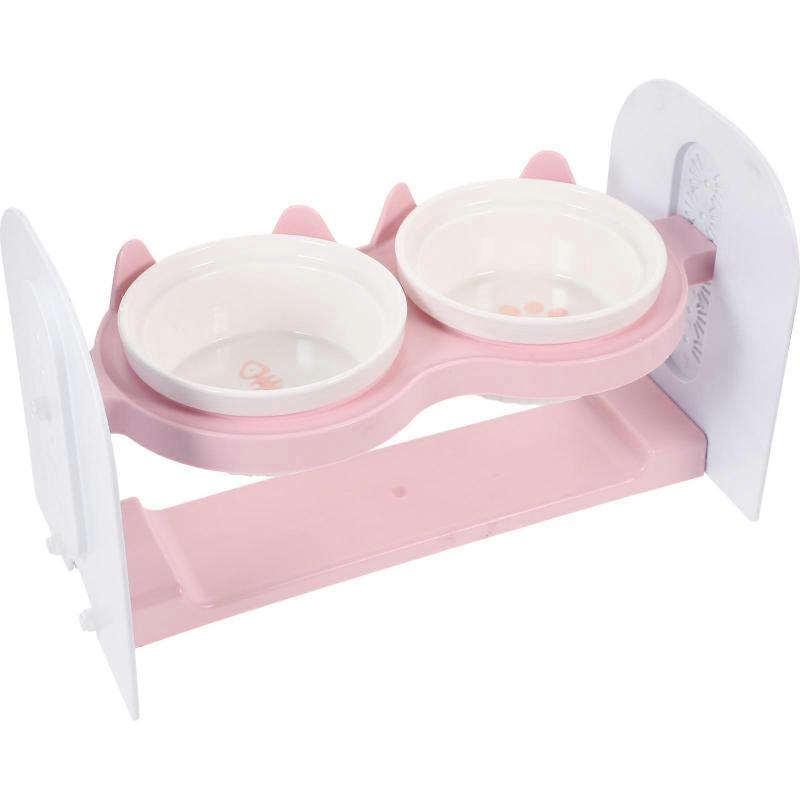 Ceramic Cat Food Bowl Double Bowls Protect Neck Health Pink 1Set