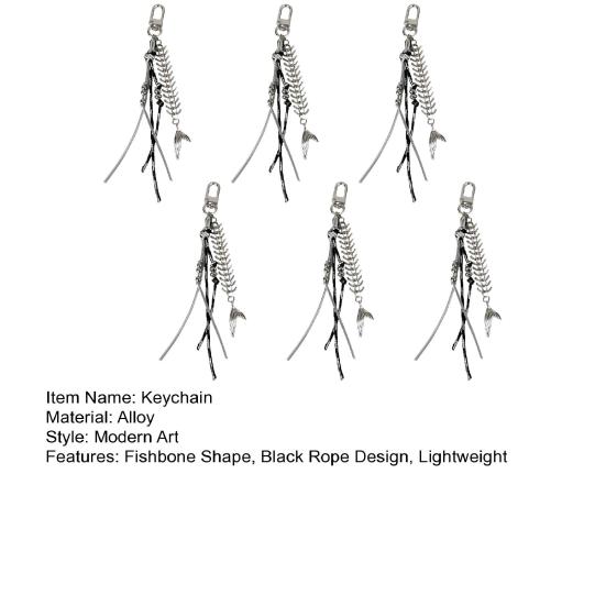 2/4/6Pcs Alloy Fishbone Keychain Pendant Black Rope Design Lightweight Key Chain Backpacks Cars Key Organizer Accessories