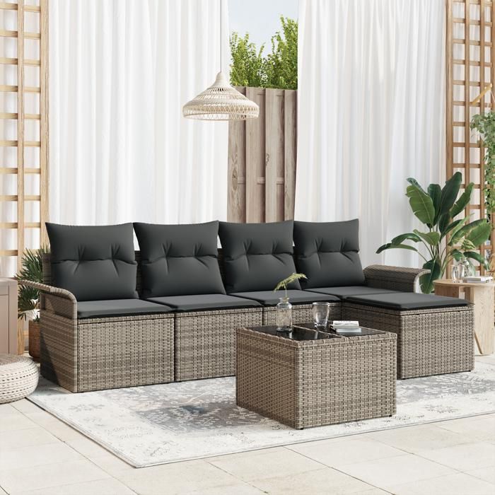 5-Piece Garden Sofa Set with Black Poly Rattan Cushions, 2-Seater Sofa with Storage and Gray Poly Cushions 3353998