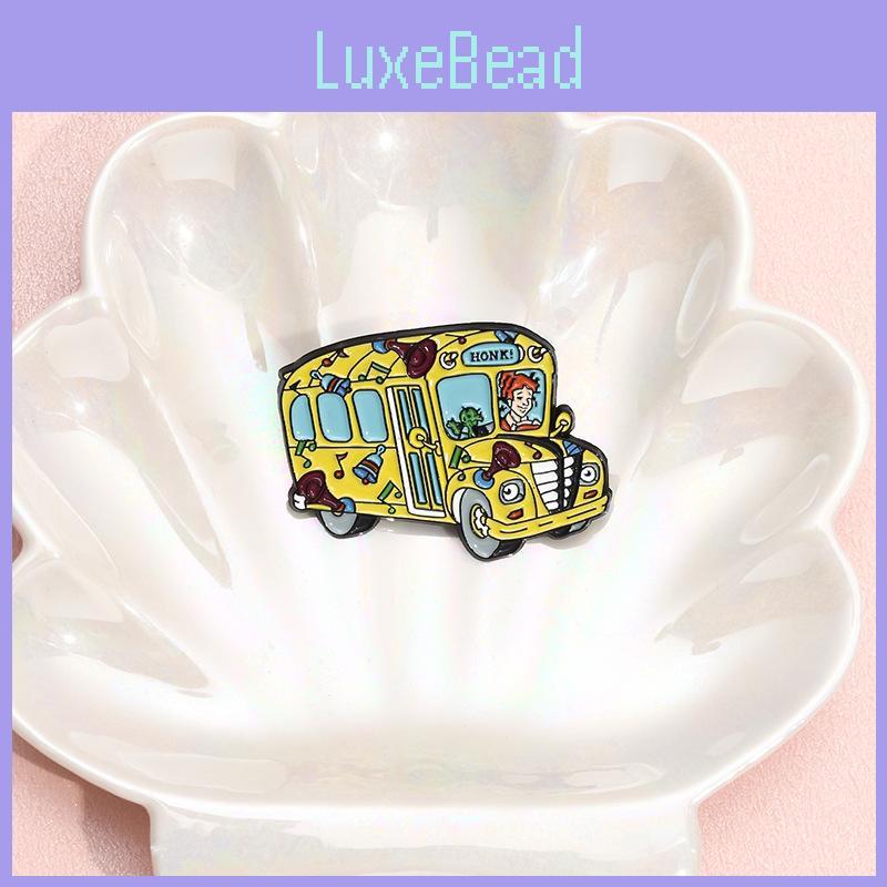 Metal Brooch Unique With Creative Bus Shaped Design And Playful Red Haired Girl Cartoon For Personal Flair