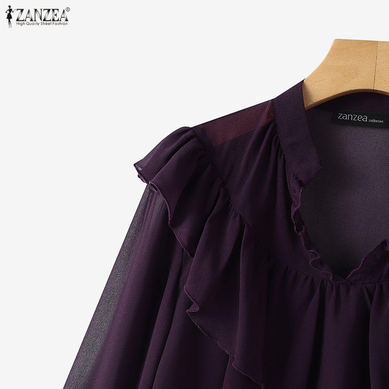 ZANZEA Women Casual V-Neck Long Sleeve Loose See-Through Cover Up Blouse