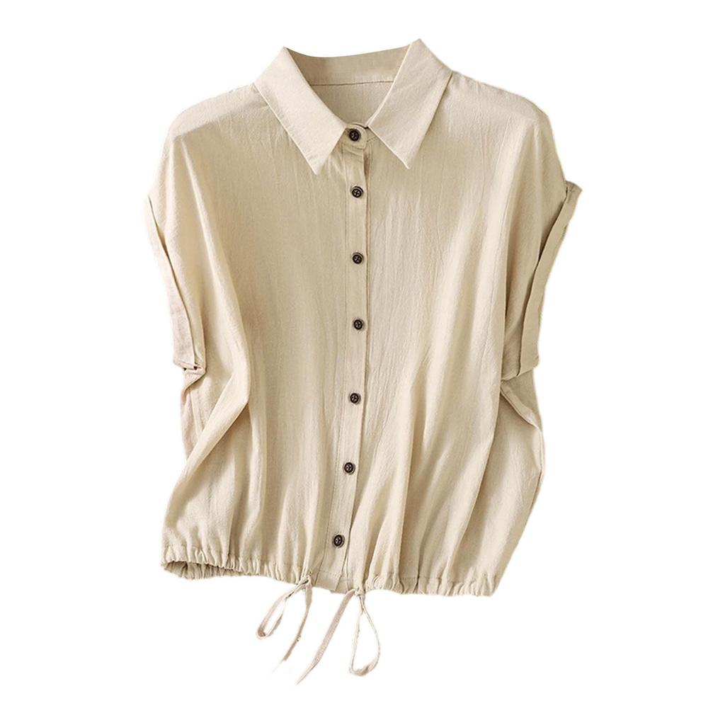 Camicia Casual da Donna a Bottoni Manica Corta Orlo con Coulisse Vestibilità Rilassata Top Leggero per l'Uso Quotidiano