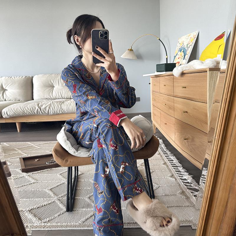 Latest Lounge Wear Womens Spring Autumn Cotton Floral Print Long Sleeve Pajamas Womens 2 Piece Lounge Wear Cat Cartoon S