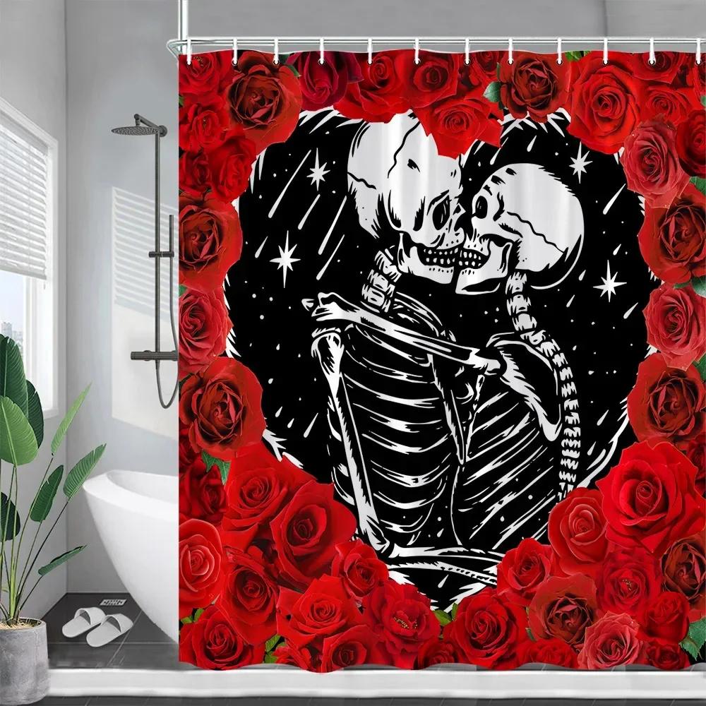 Lustige Skelett-Duschvorhänge Liebes-Totenkopf Schwarz-Weiß Blumen Sternenhimmel Halloween Badevorhang Stoff Badezimmer Dekor Mit Haken