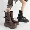 Brown Retro Thick Heel Thick-Soled Boots Women'S  New Spring And Autumn Thin And Heightened Medium Boots Women Shoes