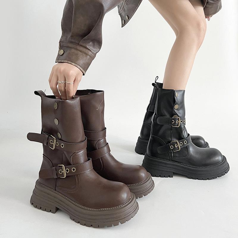 Brown Retro Thick Heel Thick-Soled Boots Women'S  New Spring And Autumn Thin And Heightened Medium Boots Women Shoes
