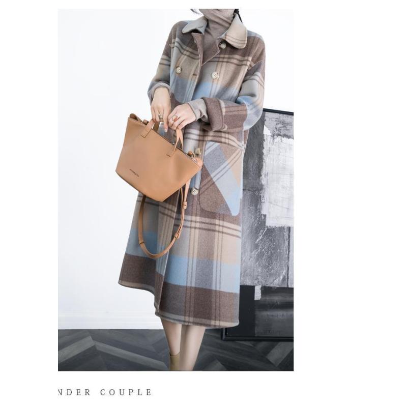 Tooxika Plaid Woolen Coat Winter New Style Over Knee Double-breasted Large Pockets Loose Mid-length Coat