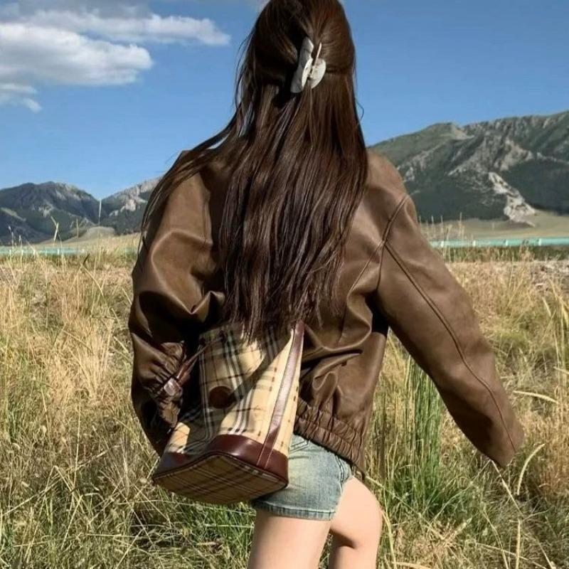 Retro coffee pu leather jacket women's autumn new short jacket top casual motorcycle jacket