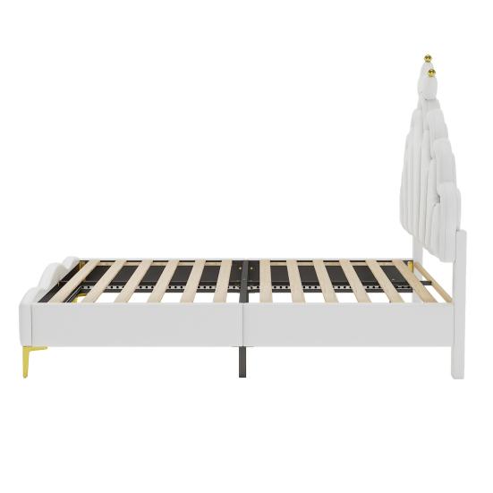 Princess Bed 140x200cm Flat Double Bed Crown-Shaped Soft Upholstery Made of Faux Leather Adjustable LED Ambient Light Strip White
