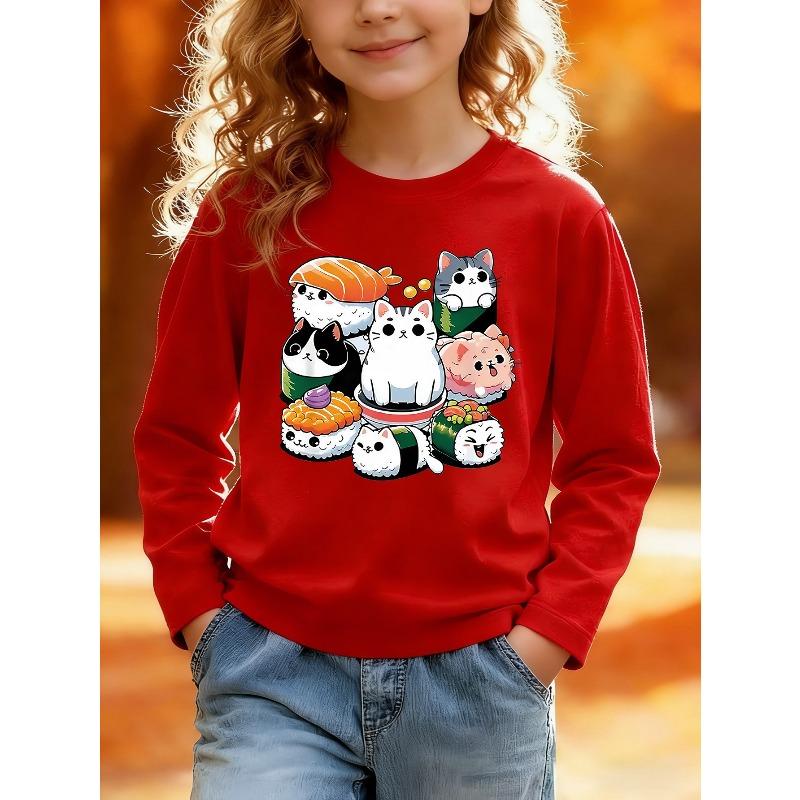 European sizes Kids' Athletic Cartoon Print Round Neck Top, Kids' Cartoon Cat Sushi Print Long Sleeve T-Shirt, Cartoon Characters