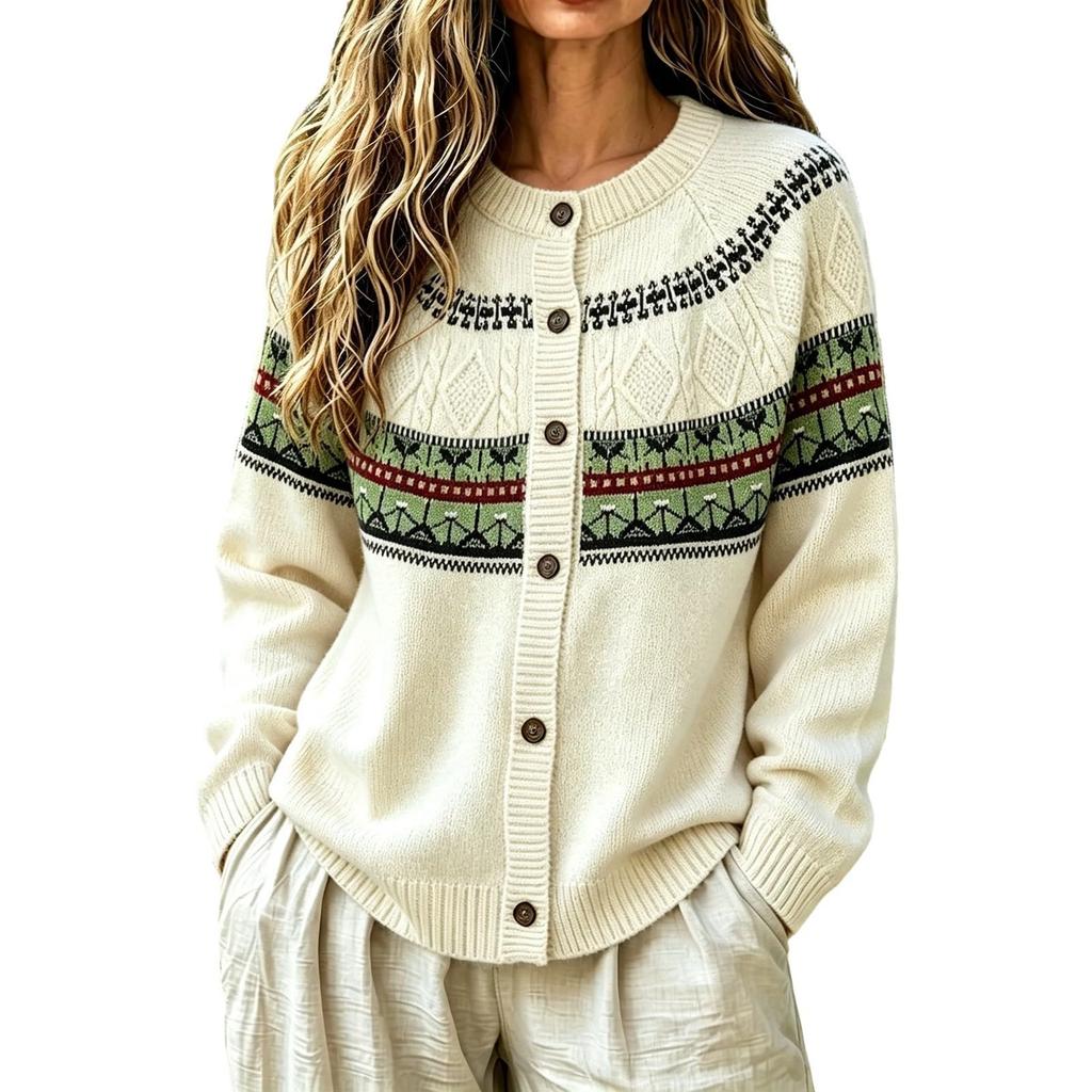 Women's Vintage Round Neck Oversized Sweater with Buttons for Fall/Winter